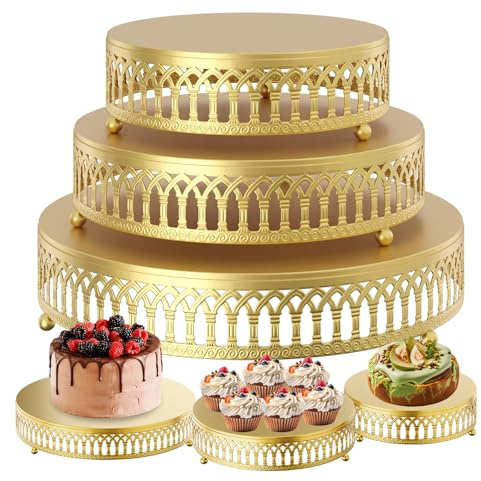 3-Piece Cake Stand Set Round Metal Cake Stands, Dessert Cupcake Pastry Candy Display Plate, Metal 12/10/8 Inch Cake Stands, for Wedding, Party, Birthday, Event, Anniversary, Table Decoration (Gold)