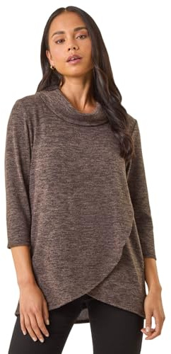 Roman Women's Cowl Neck Long Sleeve Tunic Ladies Lightweight Longline Patterned Top Blouse Snit Autumn Winter Work & Casual Smart Wear Going Out Party Loungewear - Brown - Size 14