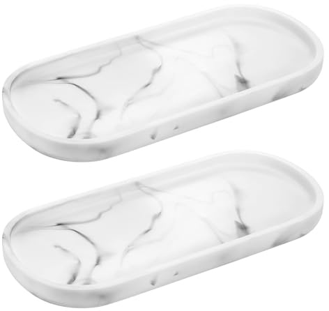 2 PCS Bathroom Tray, 25x11cm Silicone Oval Storage Tray Non-Slip Vanity Trays Toilet Tank Storage Organiser for Soap Candles Perfume Jewelry Ring Dish (White Marble)