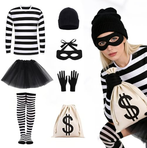 Gobesty Bankräuber Kostüm Damen, Räuber Kostüm Herren mit T-Shirt, Strickmütze, Handschuhe, Augenmaske, Geldsack, Banknote, Dieb Kostüme für Halloween Karneval Cosplay Party (6PCS/8PCS) (Frauen)