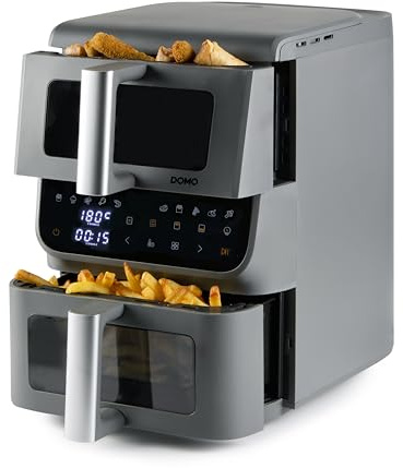 DOMO DO550FR Heißluftfritteuse 2 Kammern Vertikal - 10L - Innovative Mehrfach-Luftgeschwindigkeit - Spart 30% Platz - LED Touchdisplay mit Sichtfenster - 2500W - Grau
