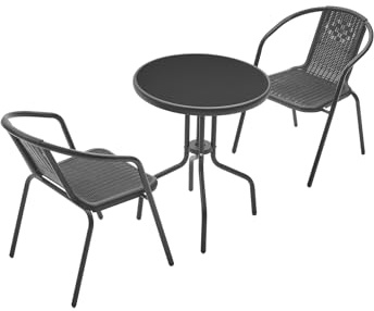 MAT-COMPANY Gartenmöbel Set 3 teilig Balkonmöbel Set mit 2 Stühlen und Tisch Polyrattan Bistro Set Balkon Terrasse Garten Sitzgruppe mit Glastisch Metallgestell Schwarz