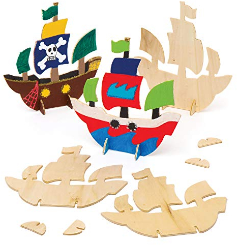 Baker Ross Piratenschiffe aus Holz zum Aufstellen (6 Stück) – für Kinder zum Basteln und Gestalten von 3D-Piratenschiffen