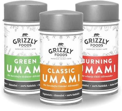 Grizzly Foods • UMAMI Gewürze Probierpaket • Alle 3 Sorten • Allrounder für alle Gerichte • Natürlicher Geschmacksverstärker • Gewürzmischung • Umami-Gewürz • Kräutergewürz• Chiligewürz