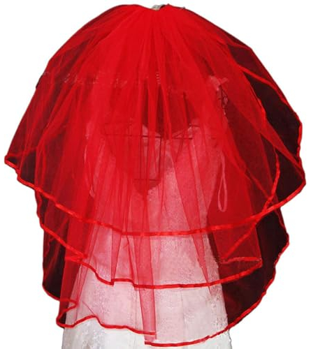 Orcle Damen Kurz Hochzeit Schleier mit Kamm 3 Ebenen Halloween Tüll Brautschleier - Rot - Einheitsgröße