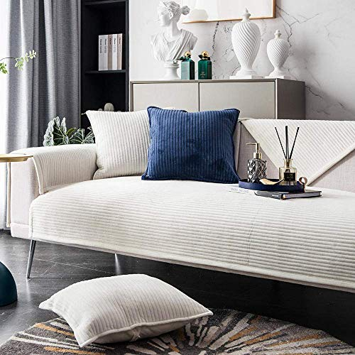 Suuki Sofa Bezug,Couch schonbezug,schonbezug Couch,Superweiche Samt-Sofabezug,gestreifte Plüsch-Sofabezug,Moderne Sofa-Schutzhülle für Ledercouch,Eck-Sofabezüge-Weiß_90 * 160 cm
