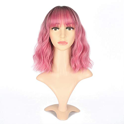 VCKOVCKO Ombre Natural Wave Wave Kopf Perücke Luft Pony Kurze Wave Kopf für Frauen Schulterlange lockiges Haar wellig synthetisch Cosplay (12inches, schwarz bis rosa-violett)