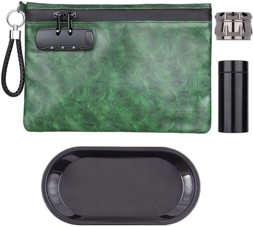OZCHIN Geruchsdichter Tasche mit Kombinationsschloss Zertifikate Organizer PU-Leder Schlossbeutel Reise-Aufbewahrungskoffer Geschenke Männer Frauen (Grün-Set)
