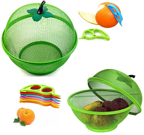 Apple Mesh Fresh Fruits Basket, Keychain Torch & Citrus RING Peeler -Keep Unwanted Pets & Insects Out (Green Basket, RING Peeler & Torch)