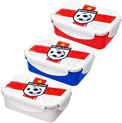 HOMESHOPA Plastic Lunch Box, 500ml 3pk Clip & Lock Airtight Food Storage Containers, England Football Print BPA free Leakproof Reusable Sandwich Boxes for Kids Adults School Work, Red/Blue/White