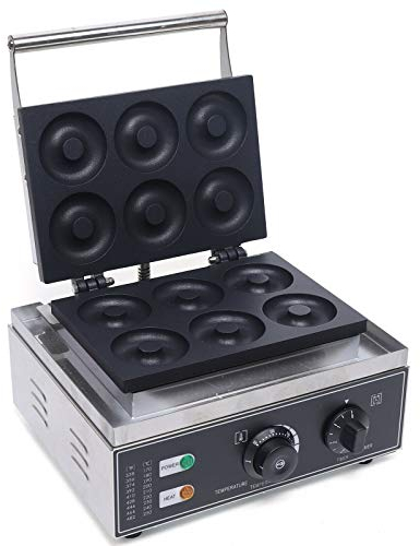 Donut Maker, machine à gaufres anti-adhésive avec poignée en acier inoxydable, minuteur, 1550 W, 6 trous, 50 ~ 300 °C, pour cuisine professionnelle