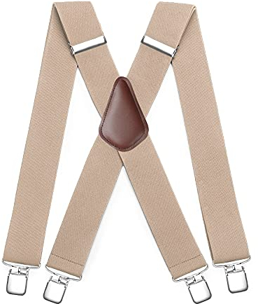 HISDERN Hosenträger breit 5cm mit sehr Starken 4 Metall Clip X-Form Beige Hosenträger für herren Lang Einheitsgröße für Männer und Damen Einstellbar und Elastisch