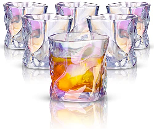 NiHome Iridescent Crystal Whiskey or Water Glasses 6-Pack 8oz Drinking Glassware Tumblers Set Hand-Blown Lead-Free Old Fashioned Bar Tumbler for Scotch Rum Bourbon Cocktail