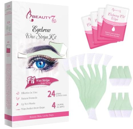 Beauty7 Facial Wax Strips for Hair Removal - Eyebrow Wax Strips at Home - 24 Strip, 4 Calming Oil Wipes for All Skin Types for Women