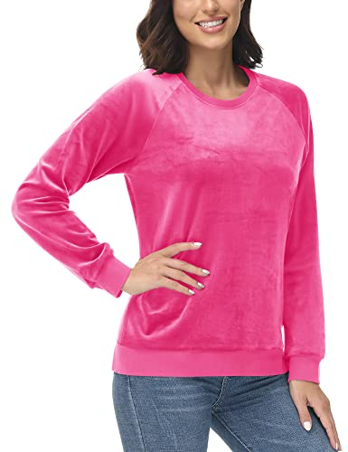 KEFITEVD Sweatshirt Damen Thermo Winterpullover Fleece Rundhals Oberteil Atmungsaktiv Winddicht Sportshirt Stretch Casual Freizeitshirt für Winter Herbst Rosenrot XXL