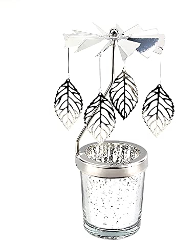Surakey Windlicht Teelichtkarussel aus Glas Teelichthalter,Silber Karussell Teelichter Kerzenhalter,Motiv Baumblätter Windlichter Teelicht Kerzen Halter Geschenk Dekoration für Hochzeit,Weihnachten