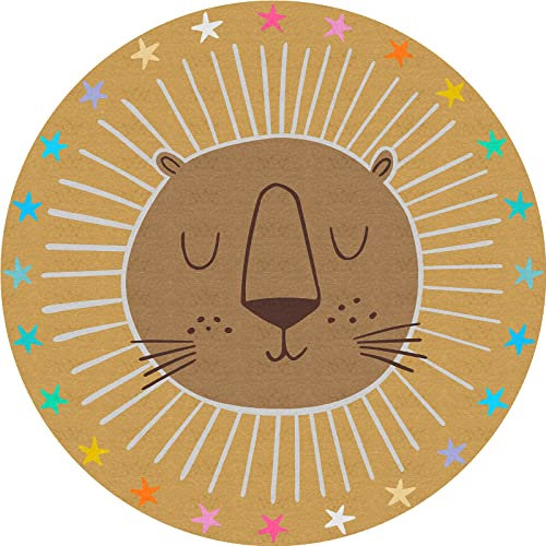 ARUGYTEI Runde Teppiche, Löwe Cartoon Sternmotiv, Kinder Teppich für Kinderzimmer Dekoration, Kindergarten Schule, Baby Spielmatten,Diamond Yellow ø 130 cm