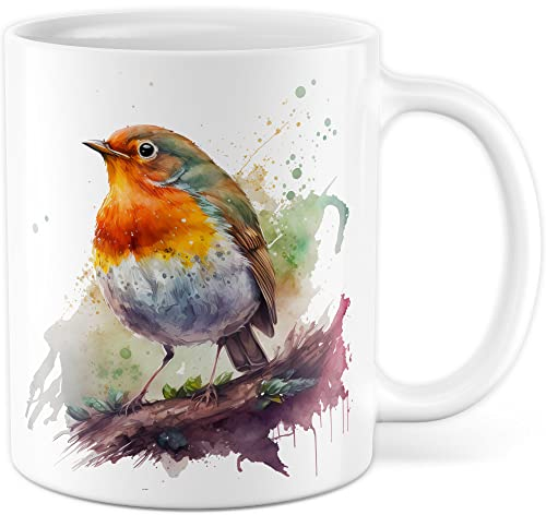 Taza de petirrojos acuarelas animales regalo pájaro taza de café regalo para Birdspotter taza de café pájaros (blanco)