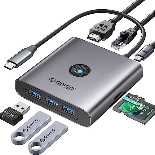 ORICO USB C Docking Station, 8 in 1 USB 3.0 Hub mit 4K-HDMI, SD und TF Kartenlesern, 3 USB-A 3.0, Gigabit-Ethernet, 100W PD, Hub USB C Multiport-Adapter für MacBook Air Pro und andere Typ-C-Geräte