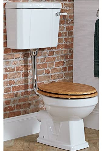 MILANO Comfort Height Low Level Cistern Toilet WC Oak Seat Chrome Flush Kit | Ceramic Construction. Engineered Wood Seat. Traditional Style. Floorstanding Design. Enhanced Pan Height.