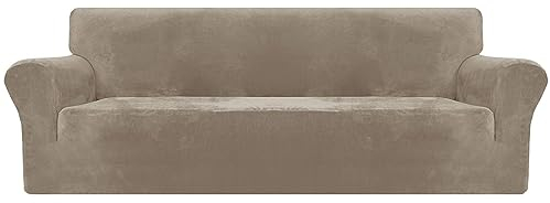 XINEAGE Samt Sofaüberzug 4 Sitzer, Stretch Sofa überzug für Wohnzimmer, Dicke Weiche Sofaüberwurf, Rutschfester Sofa Cover für Hunde, Haustiere (4 Sitzer, Khaki)