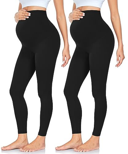 Iseasoo 2 Stück Damen Umstandsleggings über dem Bauch Schwangerschaft Yoga Hosen Weiche Activewear Workout Hosen