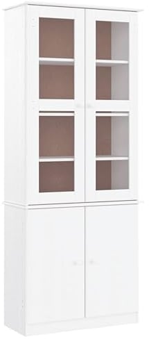vidaXL Vitrinenschrank, Vitrine mit viel Stauraum, Bücherschrank Schrank mit Glastüren, Wohnzimmerschrank Hochschrank Beistellschrank, Weiß Massivholz Kiefer
