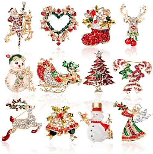 DTOFOOT 12 Stück Weihnachten Broschen Pins Strass Kristall Revers Weihnachts Anstecknadeln Emaille Weihnachtsbrosche Weihnachtsbaum Kranz Abzeichen für Damen Schmuck Party Geschenk Deko