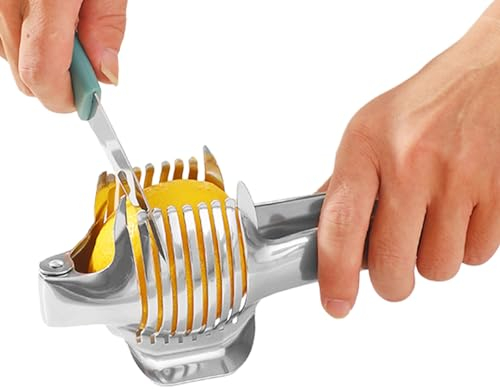 KLUFO Stainless Steel Lemon Cutter | Lime Fruit Handheld Slicer Cutter | Fruits Onion Shredder Cutter Guide Tongs, Round Lemon Egg Slicing Tool, Household Kitchen Tools