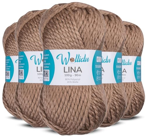 Wollidu Lina Wolle zum Stricken und Häkeln 500g 80% Polyacryl 20% Schafwolle Mulesing-frei Oeko-Tex 5x 100g/90m Häkelwolle/Strickwolle - Hellbraun
