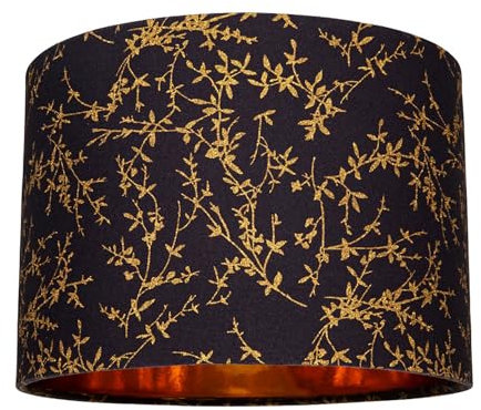 Modern Black Cotton Fabric 12 Lamp Shade with Gold Foil Floral Decoration Suitable for Table or Ceiling Usage | 30cm Diameter | 60w Maximum by Happy Homewares