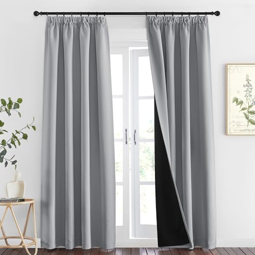 PONY DANCE Doppellagige und Dicke Vorhänge Hitzeschutz Thermovorhang mit Kräuselband für Schiene Gardinen Blickdicht 2er Set H 260 x B 140 cm Verdunklungsvorhänge für Schlafzimmer, Silbergrau