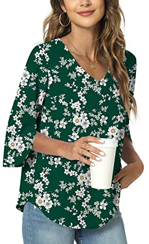 TAOHUADAO Womens Casual V-Neck Loose Tunic Top for Leggings 3/4 Sleeve Chiffon Blouse Shirt Tops X-Large, Florets Green