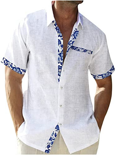 Men's Cotton Linen Short Sleeve Shirts UK Clearance Floral/Plaid Printed Patchwork Button Down Hawaiian Shirts Summer Vacation Beach Shirts Lightweight Regular Fit Casual Tops