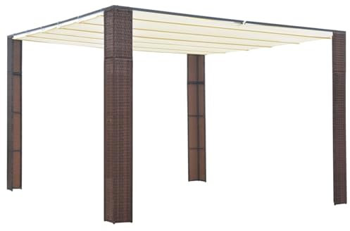 Mengtu Pavillon mit Versenkbarem Dach Terrassenüberdachung mit Schiebedach Gartenpavillon UV-Schutz für Terrassen Überdachung Poly Rattan 300x300x200 cm Braun und Creme Garten Möbel