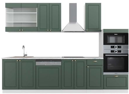 Vicco Küchenzeile Fame-Line, Grün-Gold Landhaus/Weiß, 300 cm mit Hochschrank, AP Marmor