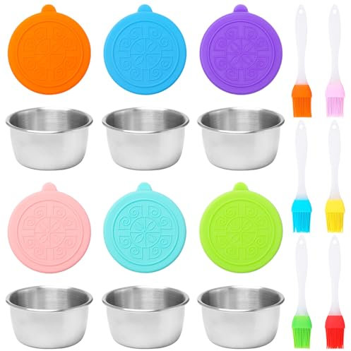 Bofanze 6 Pcs Salad Dressing Pots 50 ml Small Sauce Pots with Lids Sauce Pot for Lunch Box Stainless Steel Snack Containers with 6 Silicone Brushes for Dips, Spices, Jam