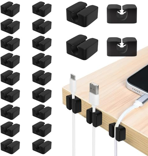 22 Stück Silikon Kabelclips Kabelhalter ,Kabelmanagement für den Schreibtisch,Selbstklebende Kabel Organizer, für USB Ladekabel halter, Netzkabel, Ladegeräte,Mauskabel für Zuhause, Büro (Schwarz)