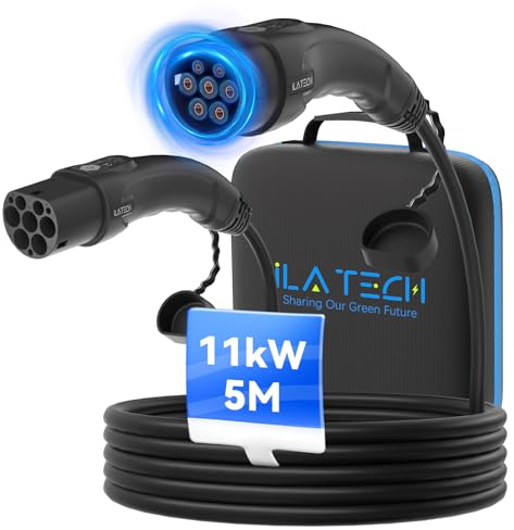 iLa Tech Typ 2 Ladekabel 11kW/16A/5 Meter/3-Phasig, E Auto Ladekabel Elektroauto mit Tragetasche und Klettverschluss, Mennekes Mode 3 Kabel Geeignet für PHEV, BEV, EV