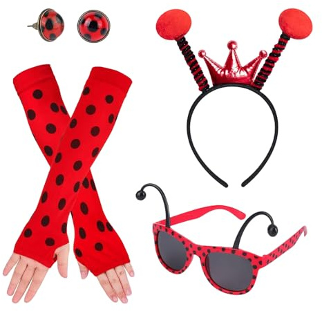 XDGBGFN 4stk Marienkäfer Kostüm Damen Marienkäfer Haarreif Brille Fingerlose Handschuhe und Ladybug Kostüm Party Accessoires für Cosplay Karneval Fasching