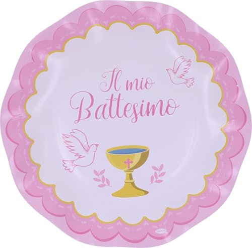 Graziano, Platos de papel para bautizo, color rosa, paquete de 8 platos, diámetro 21 cm, buffet dulces party