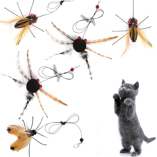 Hjvvr Cat Toys,5pcs Insects Shaped Cat Wand Refills,Insect Feather Cats Toys Replacement, Interactive Toy for Indoor Kitten