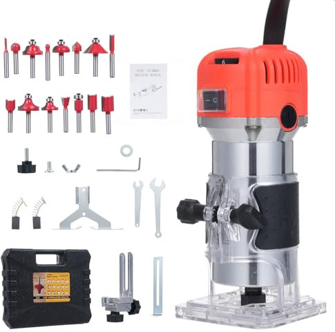 Visone 800W Router Trabajo Madera Fresado Escultura Ranurado Máquina 30.000RPM Velocidad Variable con 15 Cuchillos Conjunto de Cortacésped de Mano para Procesamiento de Armarios Artesanía Bricolaje