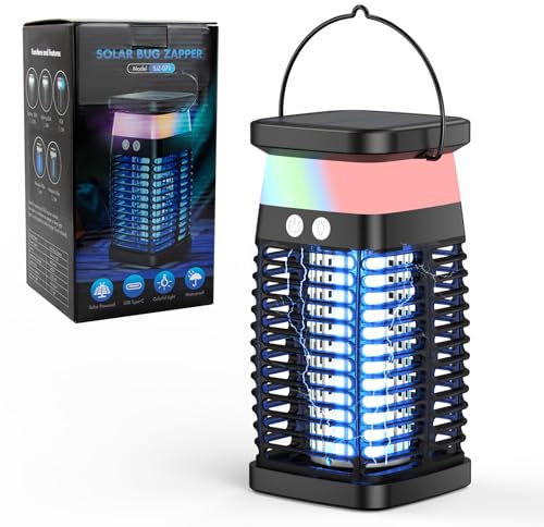 Qoosea Lampe Anti-Moustiques Tueur d'Insectes Solaire Électrique Bug Zapper Anti-Mouches Insectes avec Grille 4200V, Charge USB-C, Batterie 4000mAh & Étanche IP65 pour Jardin, Intérieur (ZS071)