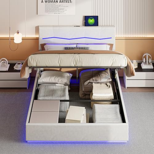 PerGar Hydraulisch Stauraumbett 160×200cm, Polsterbett Doppelbett mit LED und USB-Ladefunktion, Verstellbares Kopfteil, Jugendbett, Funktionsbetten, Ohne Matratze, PU, Beige