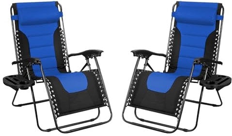 SG Traders Zero Gravity Chair - Reclining Outdoor Sun Lounger, Relaxer for Patio Decking Gardens Camping, Folding Chair with Cup Holder and Adjustable Headrest Sunlounger (Pack 2 - Black Blue)