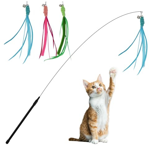 Andiker Cat Wand Toy, 3pcs Setaria Cat Feather Toys Refills with Bell and a 35.8'' Long Flexible Steel Wire Rod, Interactive Cats Toys for Indoor Cats Doing More Exercise and Enjoy Playtime