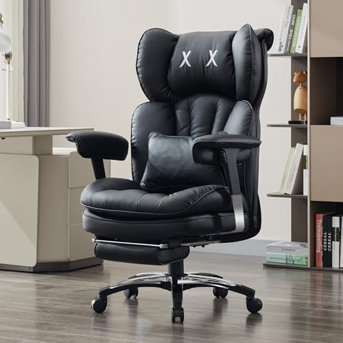 Efomao Desk Office Chair, X-Embroidery Big and Tall PU Leather Home Chair, Adjustable High Back Computer Gaming Chair, 200kg Swivel Executive Office Chair with Footrest and Lumbar Support, BLACK