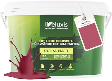 Veluxis Wandfarbe Rosa Rot Altrosa matt 2,5 L – Rosy Raspberry | Innenfarbe mit Deckkraft Klasse 1, VOC-frei, ohne Grundierung, tropfarm, für Wohnzimmer und Schlafzimmer