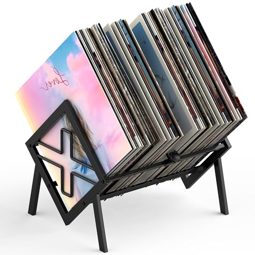Alytree Vinyl Record Storage Holder for 60-80LPs, Vinyl Record Stand with Movable Divider, Solid Record Display Crate & Organizer for Albums, Magazine, Book, File